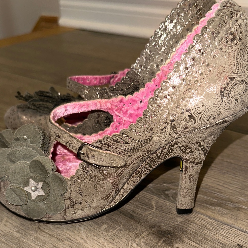 Irregular Choice silver Mary Jane Heels with Pink Lining and Floral Accent